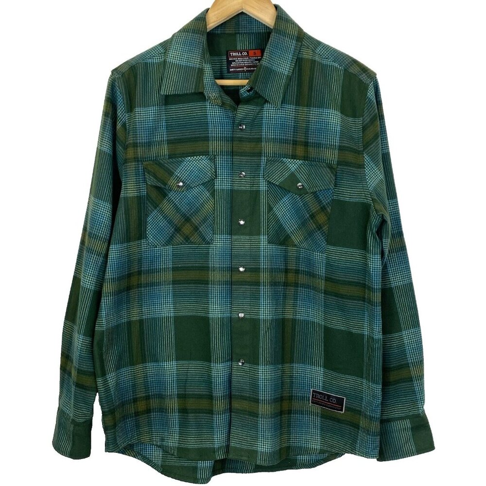 Troll Co Flannel Shirt Mens Size Small Pearl Snap Plaid Shacket Plaid Green Work